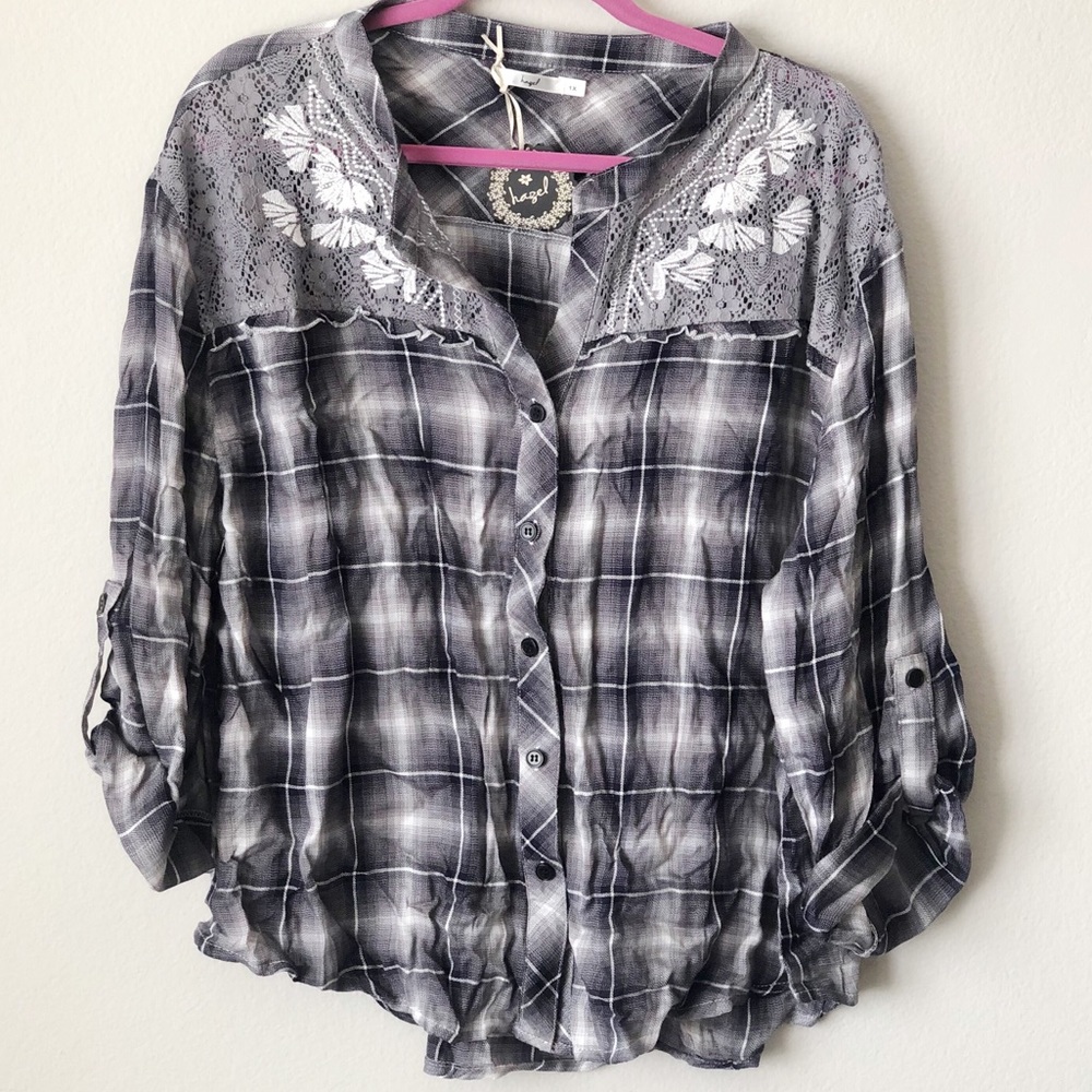 HAZEL > plaid + lace button down